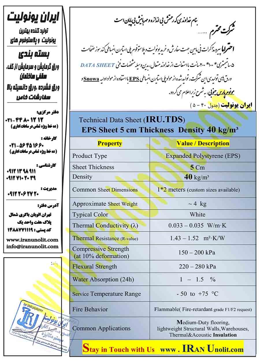 ورق یونولیت 5 سانت با دانسیته 40